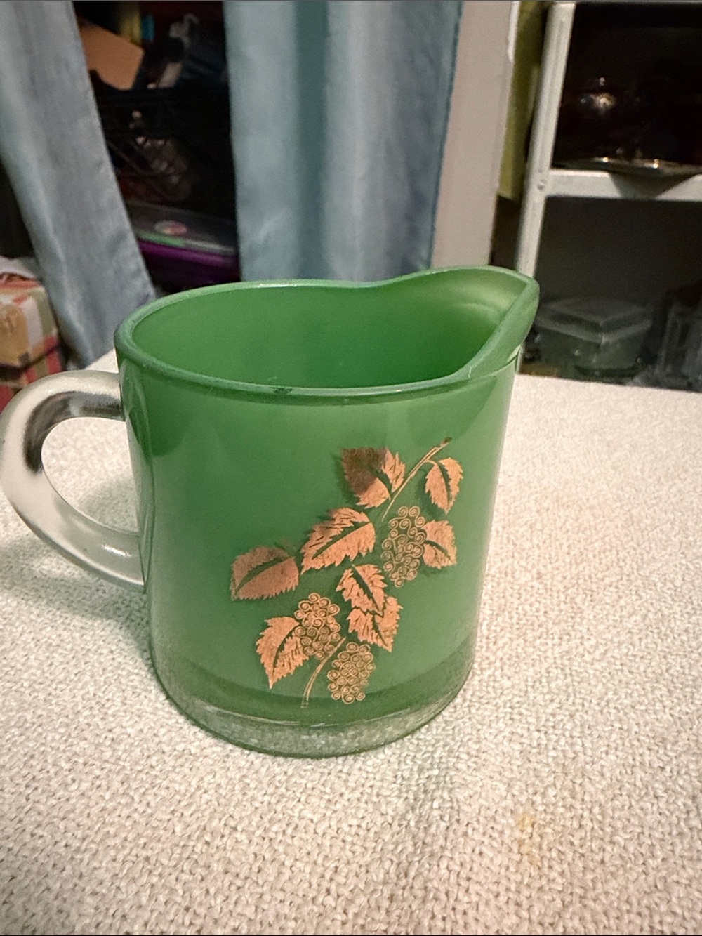 Vintage Bartlett Collins Green Satin Glass Creamer Gold Grape Motif